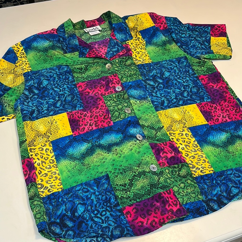 Vintage Teddi colorful patchwork blouse polyester Large